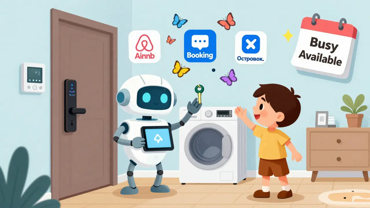 Робот-помощник передаёт цифровой ключ ребёнку у умного замка, вокруг танцуют иконки бронирования.