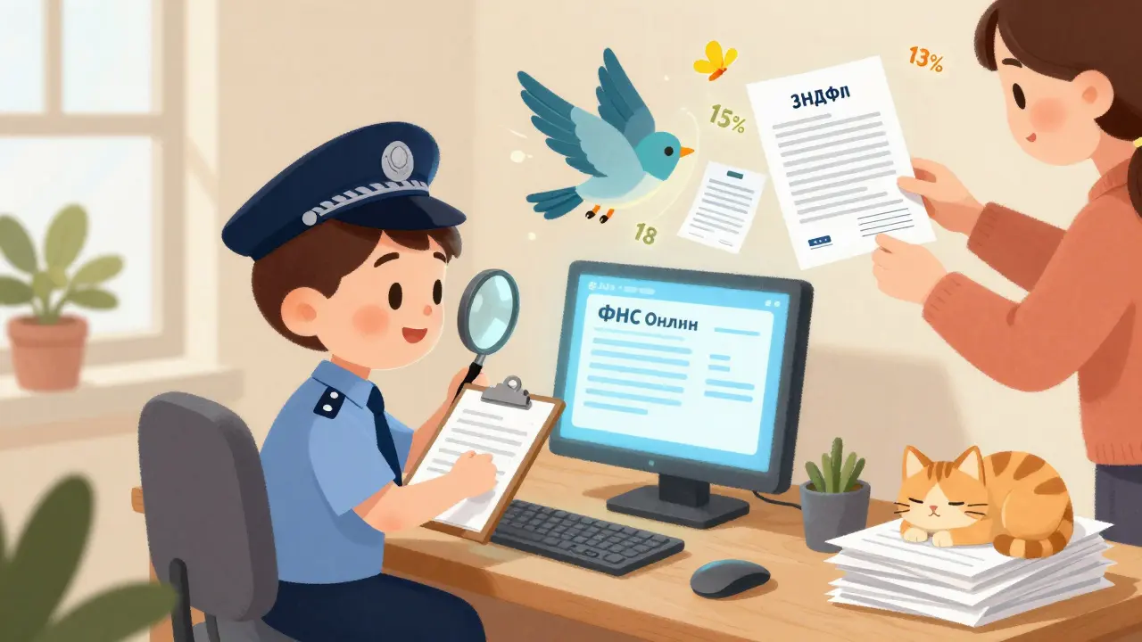 Родитель загружает документы в онлайн-систему ФНС, налоговый инспектор с увеличительным стеклом помогает.