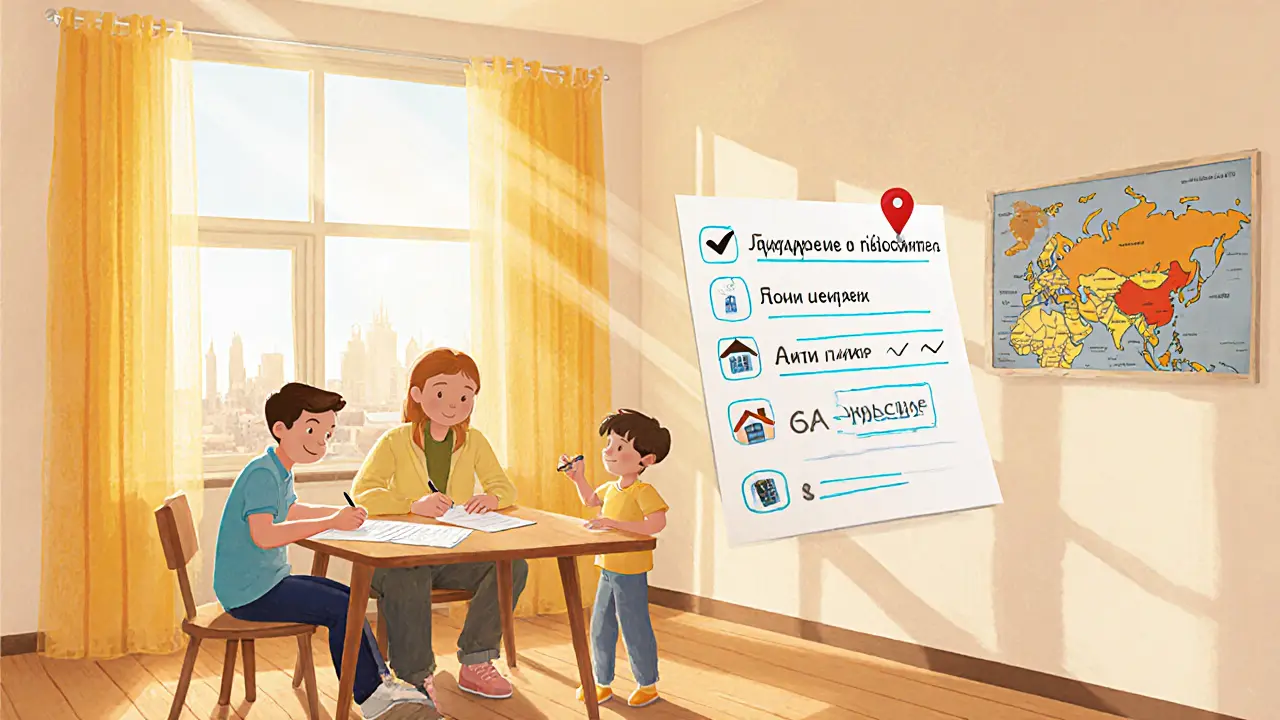 Семья подписывает документы в новой квартире, над ними парят важные условия покупки.