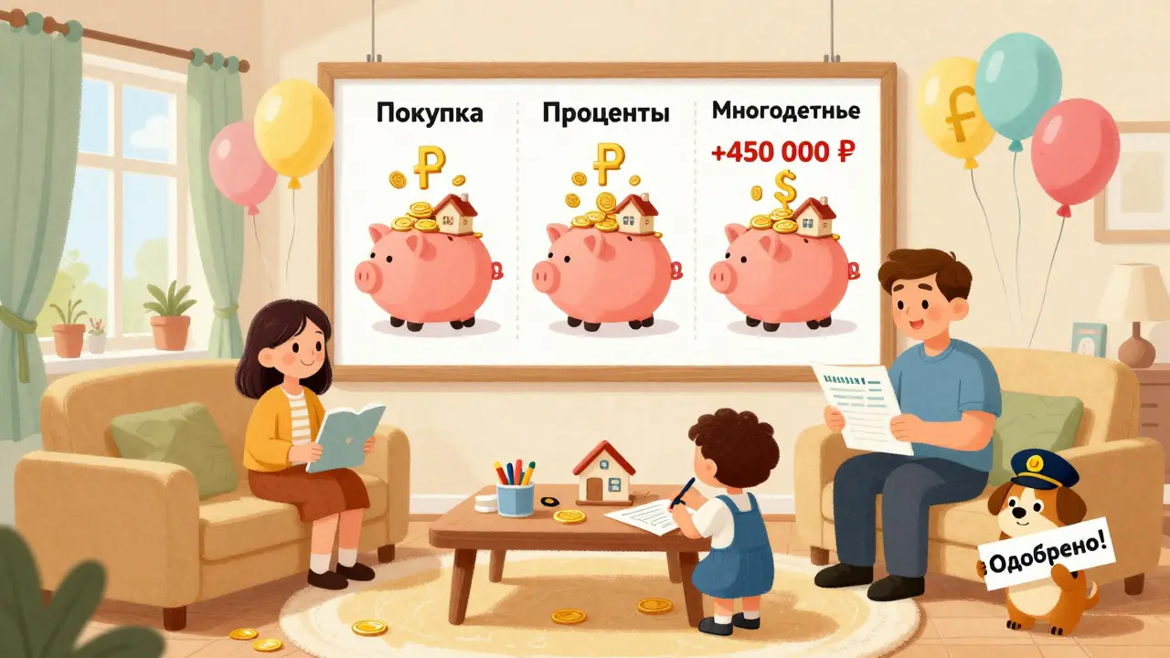 Семья с тремя детьми празднует налоговый вычет, на стене — три копилки с деньгами и домиками.