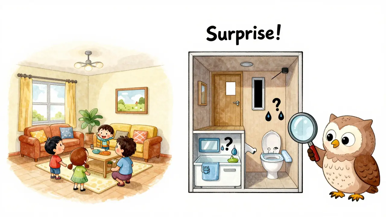 Семья сравнивает красивую модельную квартиру с реальным планом, где коридор узкий, а ванная маленькая.