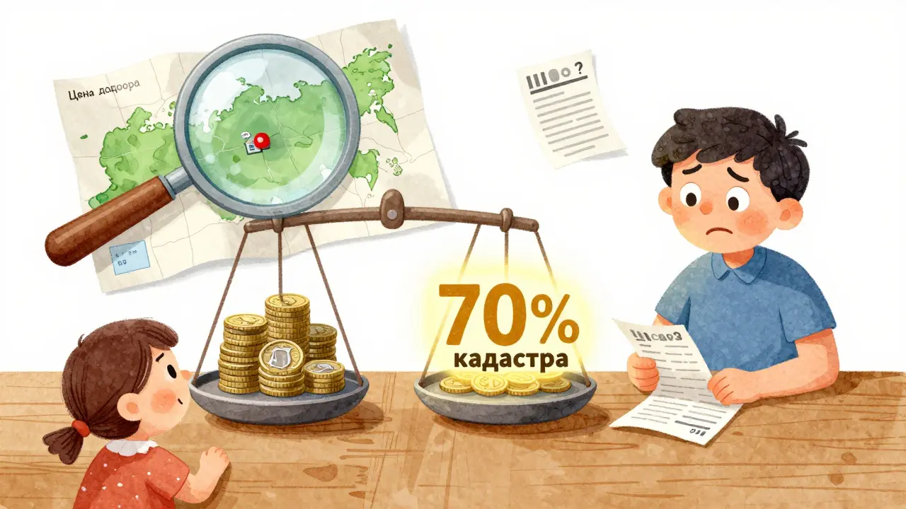 Семья сравнивает вес двух сумм: цена продажи и 70% кадастровой стоимости, над ними лупа и карта.