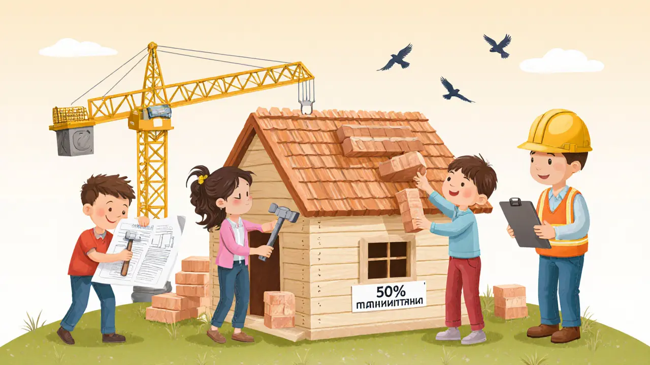 Семья строит дом вместе: родители и дети работают над фундаментом, инспектор проверяет стройку.