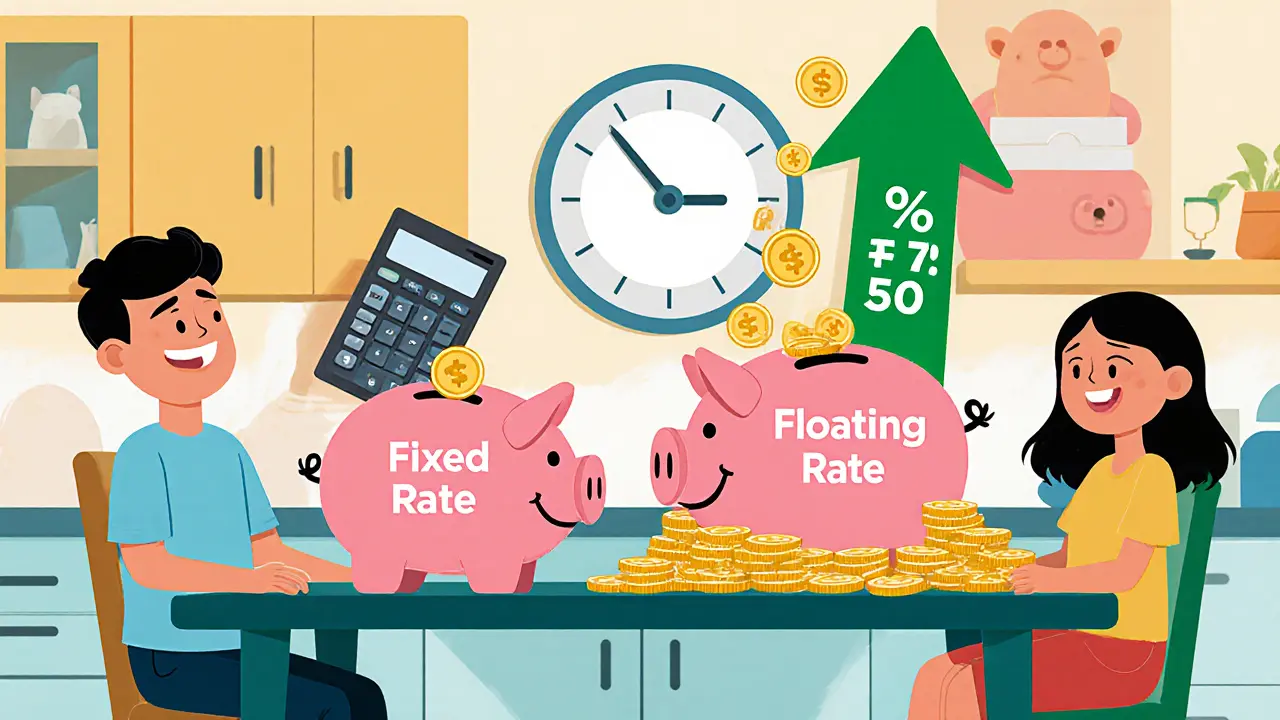 Семья за столом с двумя копилками: одна полная и спокойная, другая разливается из-за роста процентов.