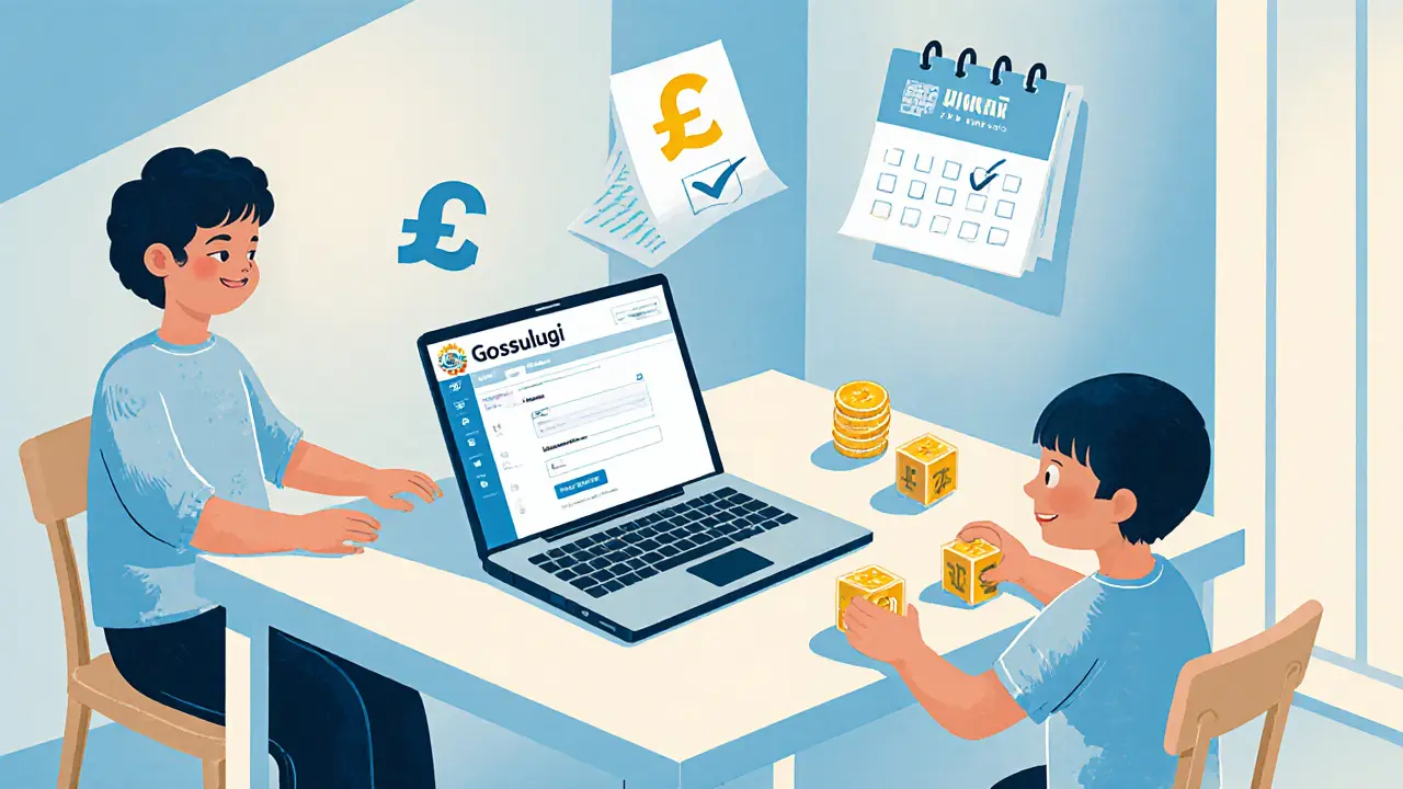 Семья за столом с ноутбуком, на экране — Госуслуги, над столом — ежемесячные выплаты.