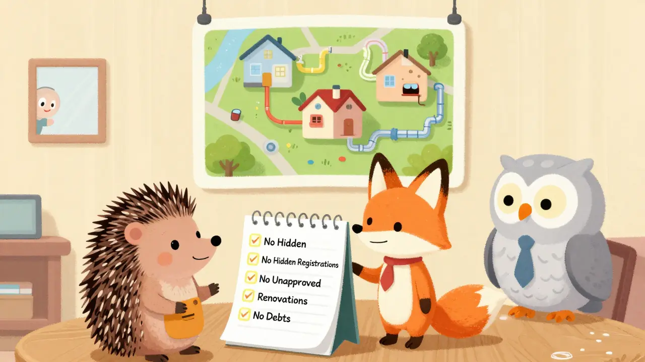 Семья зверей проверяет список из семи пунктов перед продажей квартиры, за спиной — скрытые изменения в планировке.