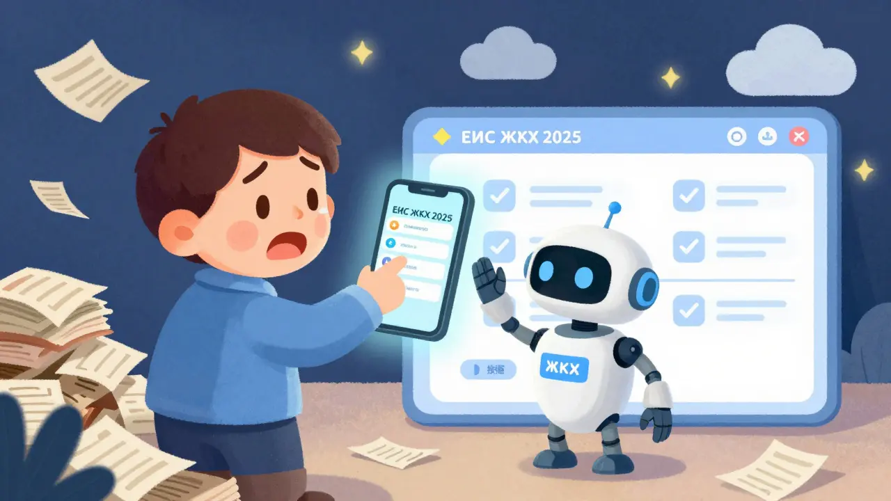 Собственник смотрит на экран с реальными платежами арендатора, рядом — дружелюбный робот будущего ЕИС ЖКХ.