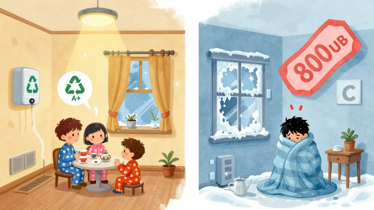 Сравнение уютного энергоэффективного дома и холодного, с высокими счетами за отопление.