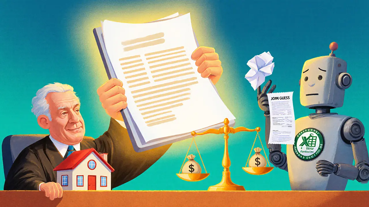 Судья держит цифровой отчет, который уравновешивает дом и деньги, а человек с бумажкой Excel выглядит смущенно.