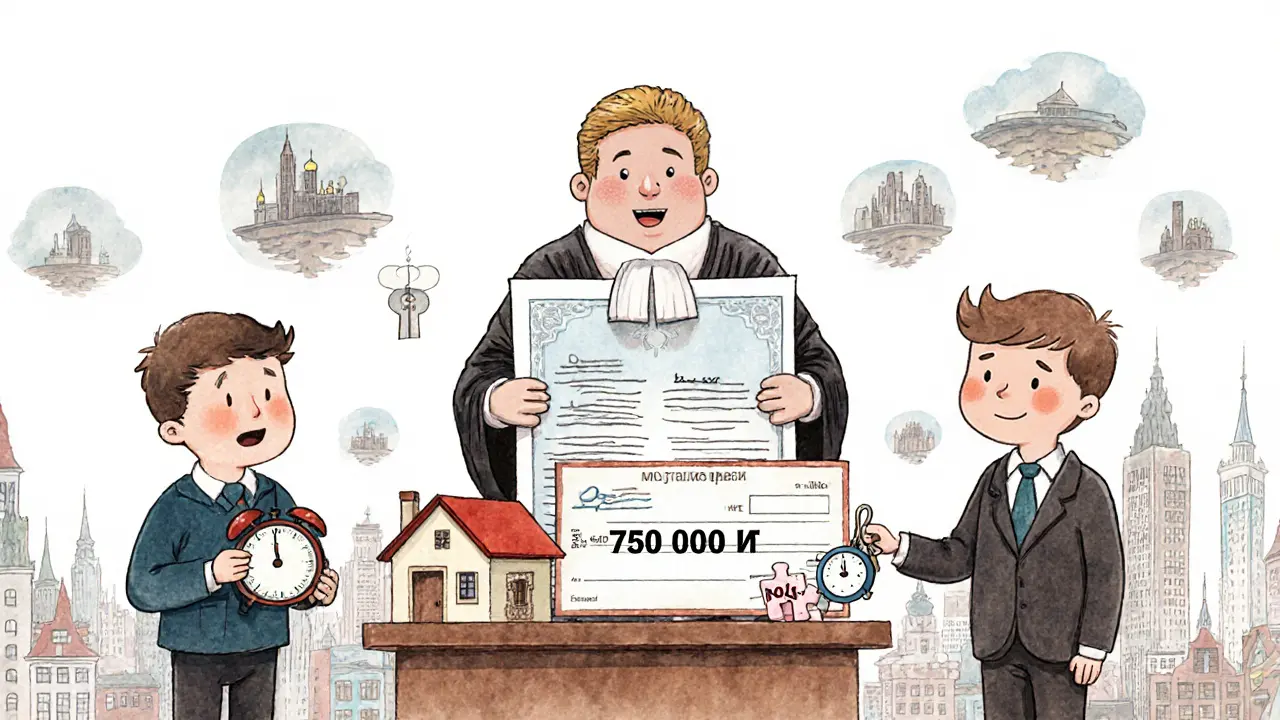Судья вручает чек за квартиру, семья получает ключи, а ребенок вставляет последний кусочек головоломки.