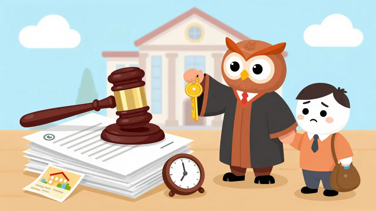 Судья вручает собственнику ключ от квартиры, а арендатор уходит с сумкой, все документы лежат на столе.