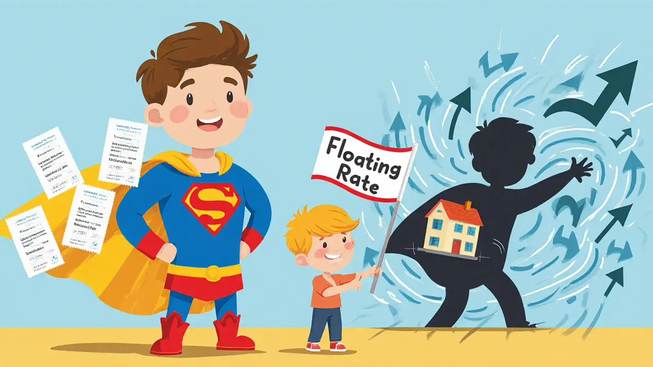 Супергерой Стабильности защищает дом ребёнка от шторма плавающей ставки, фон — растущие стрелки процентов.
