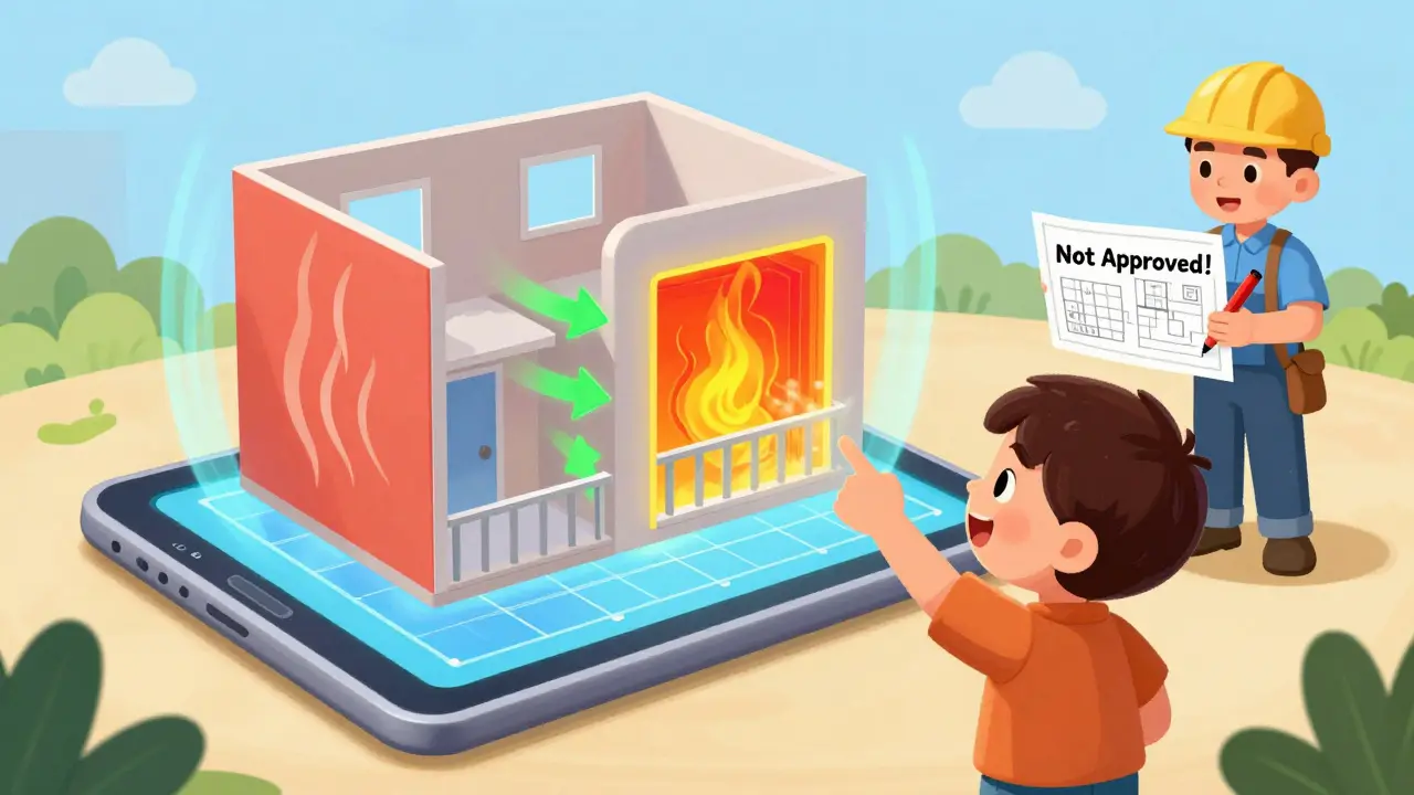 Таблетка показывает 3D-аппарат с тепловизором, выделяющим холодные стены на плане квартиры.