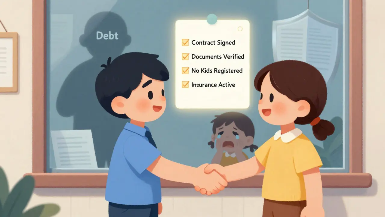 Арендодатель и арендатор подписывают договор в МФЦ, над ними — чек-лист защиты от рисков.