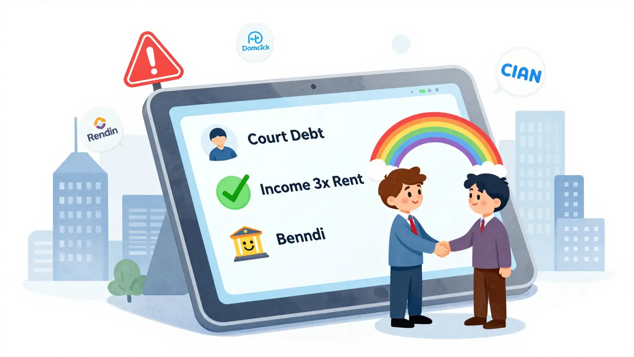 Цифровая таблица показывает доход, долги и статус арендатора под радугой.