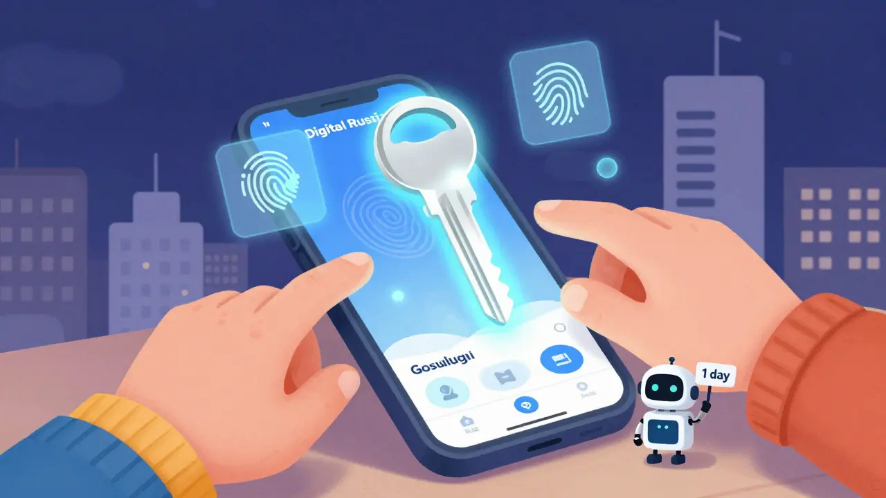 Электронный ключ светится на телефоне, двое людей тянутся к нему, рядом — отпечатки пальцев и лицо.