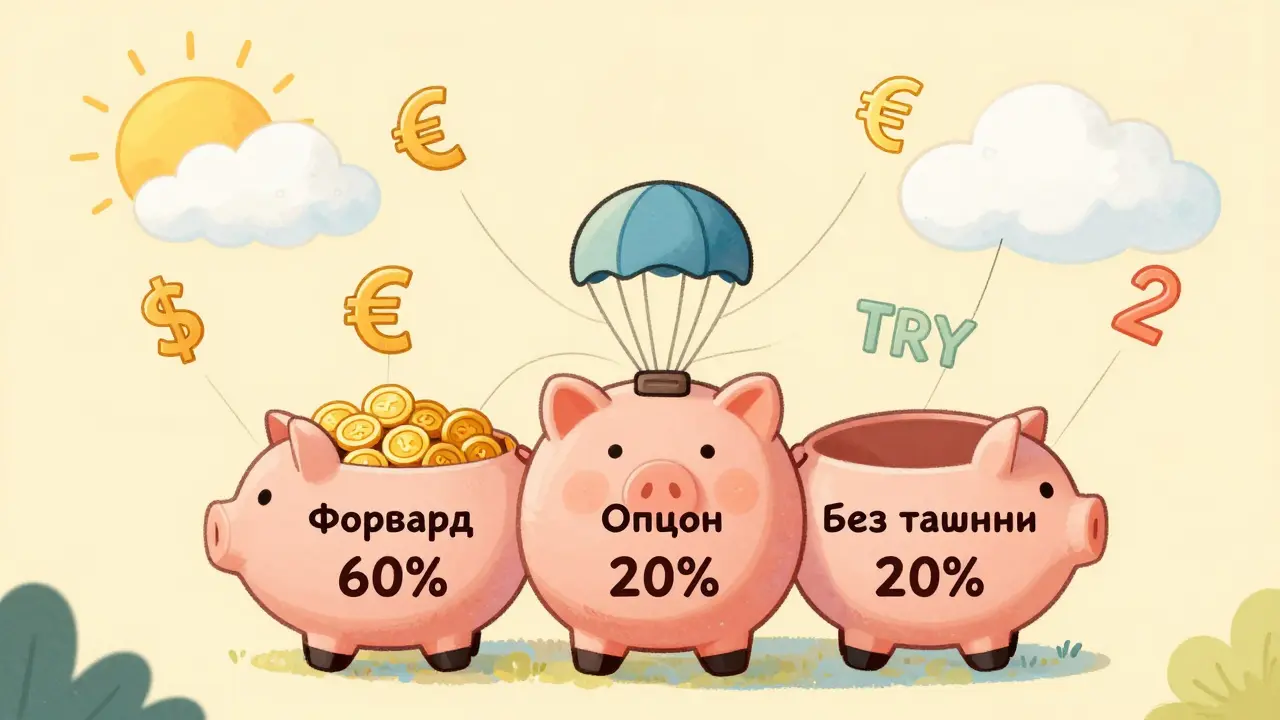 Копилка с тремя отделениями: форвард, опцион и без защиты, вокруг — валютные символы.