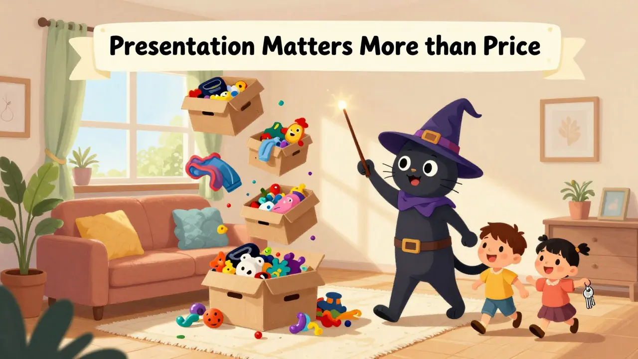 Кот-волшебник убирает хлам из квартиры, превращая её в светлое и уютное пространство с цветами и мягкими подушками.