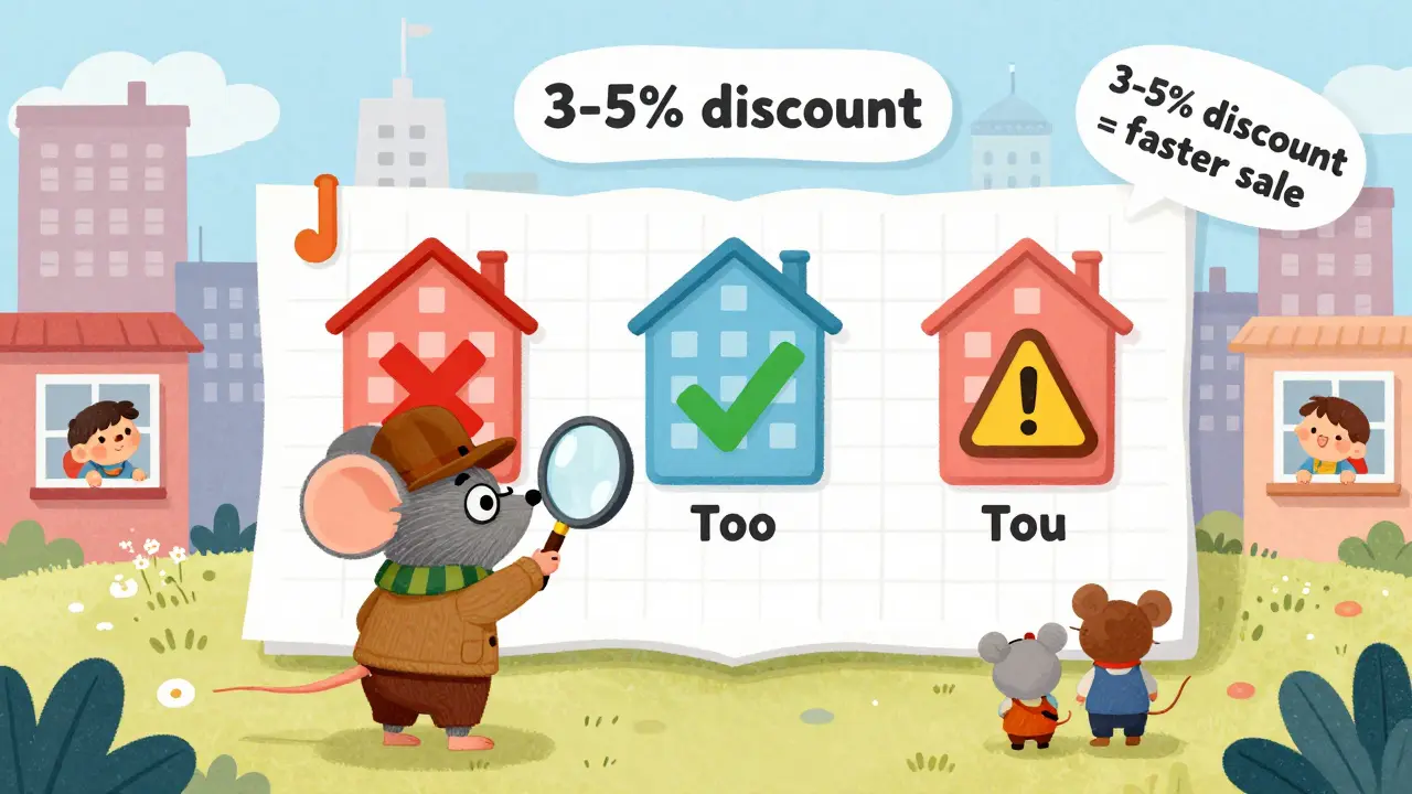 Мышь-детектив сравнивает три цены на квартиры: одна слишком высокая, одна идеальная, одна слишком низкая, вокруг — покупатели.