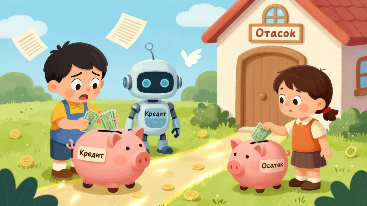 Покупатель кладёт деньги в два копилки, банк-робот наблюдает за процессом.