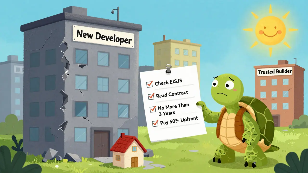 Покупатель с ключом стоит рядом с рушащимся домом, а черепаха показывает чек-лист безопасной покупки.