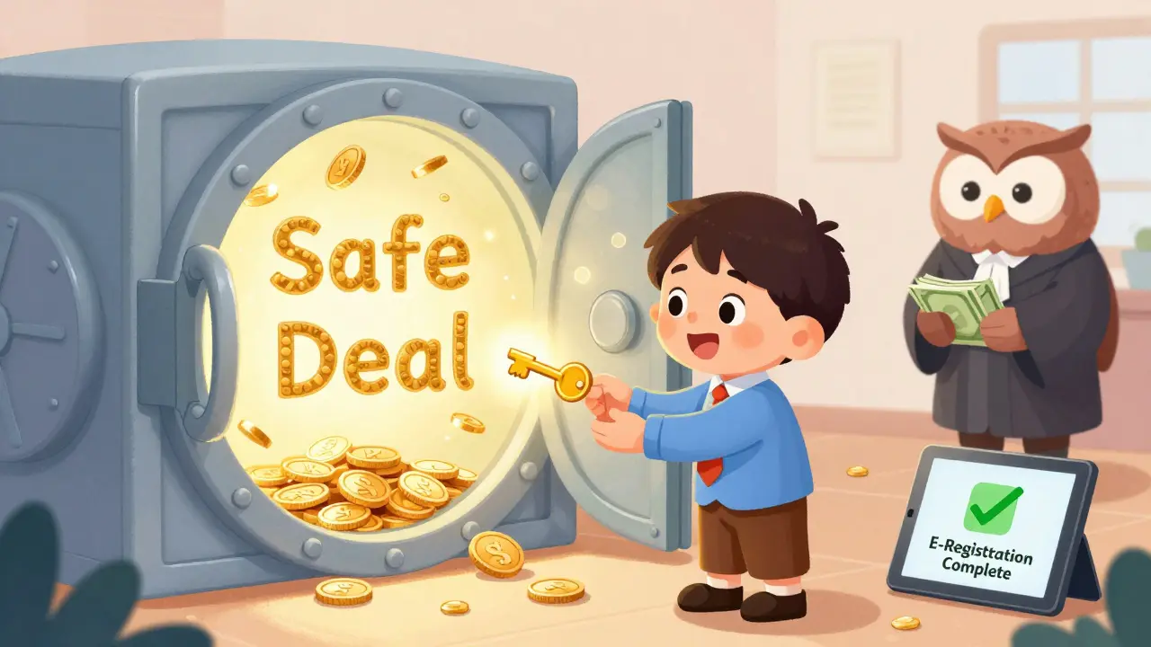 Продавец получает золотой ключ от банка — сделка завершена безопасно, цифровой чек подтверждает регистрацию.