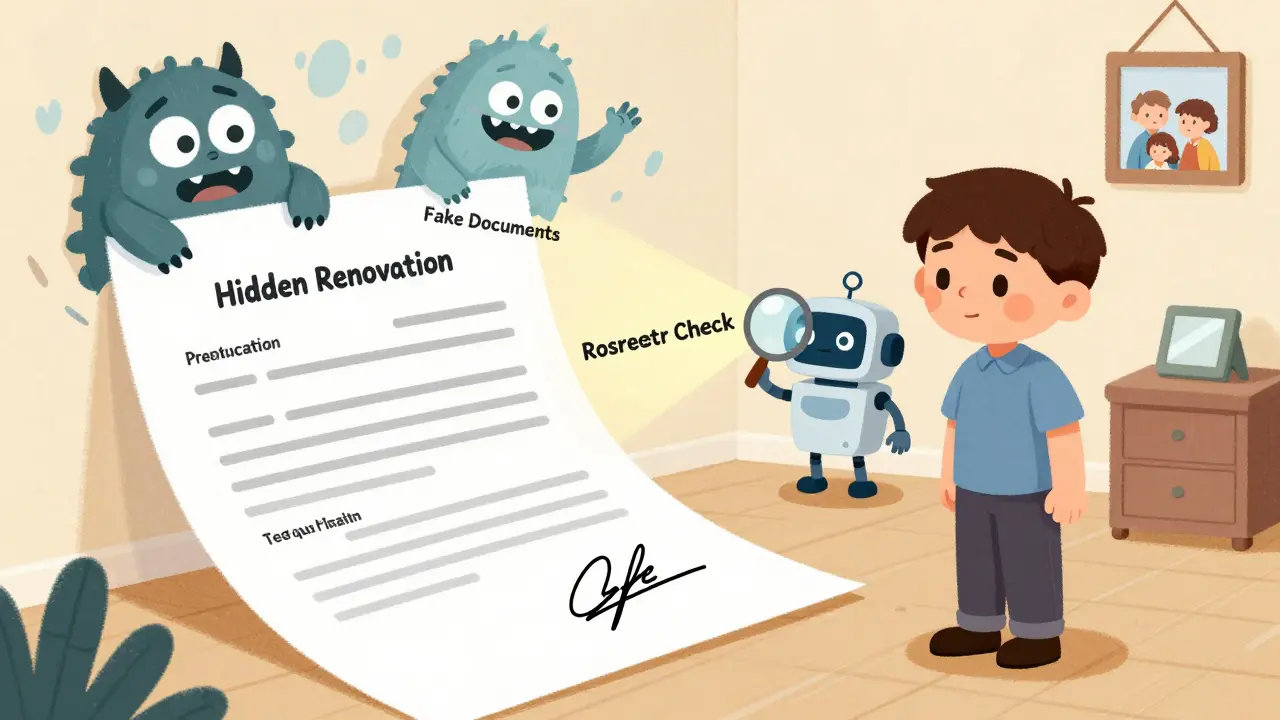 Продавец смотрит на договор, из которого вылезают страшные монстры — скрытые перепланировки и ошибки в документах.