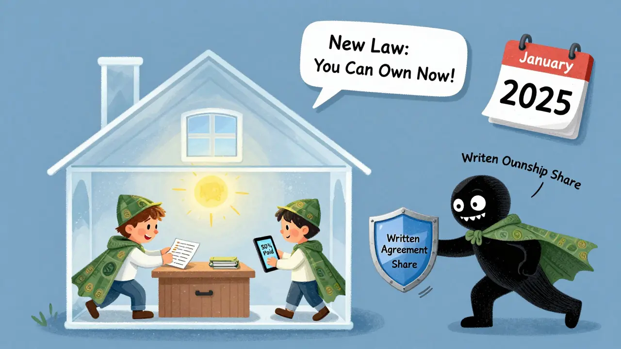 Прозрачный дом с людьми в плащах, тень долга отталкивается щитом с договором и надписью '50% оплачено'.