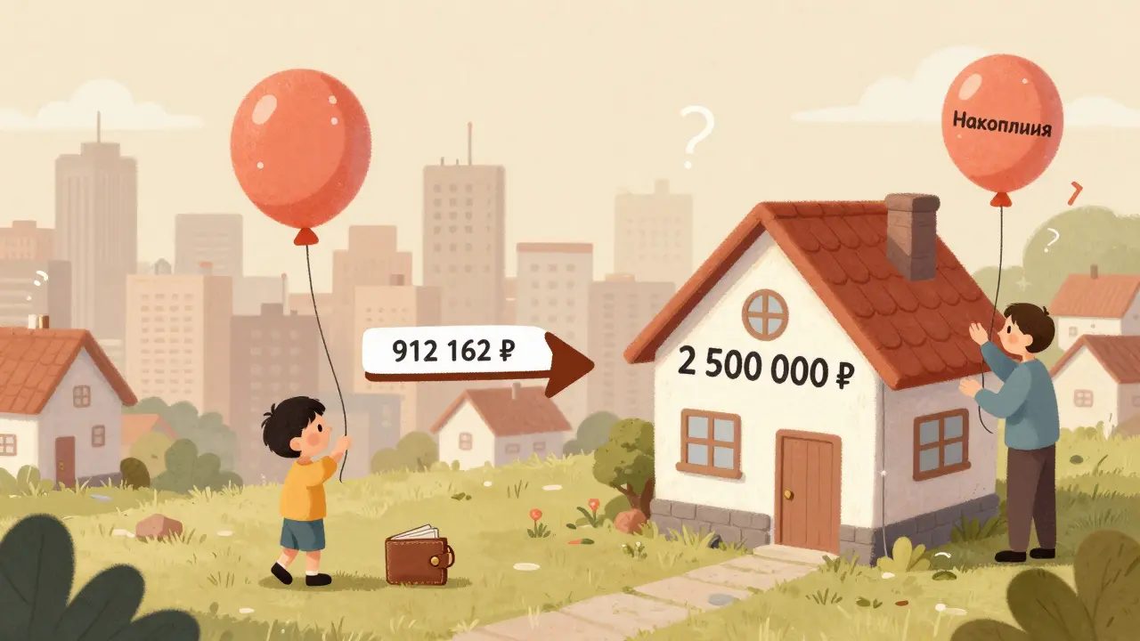 Ребенок держит воздушный шар-дом, а маленькие деньги не хватает для большого дома.