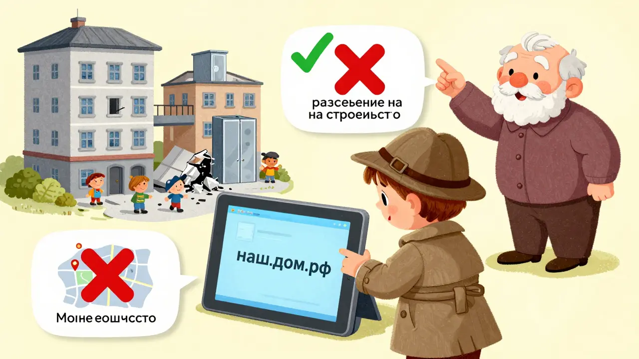 Ребёнок-детектив проверяет сайт с данными о домах, рядом — живые дома и счастливые жильцы.