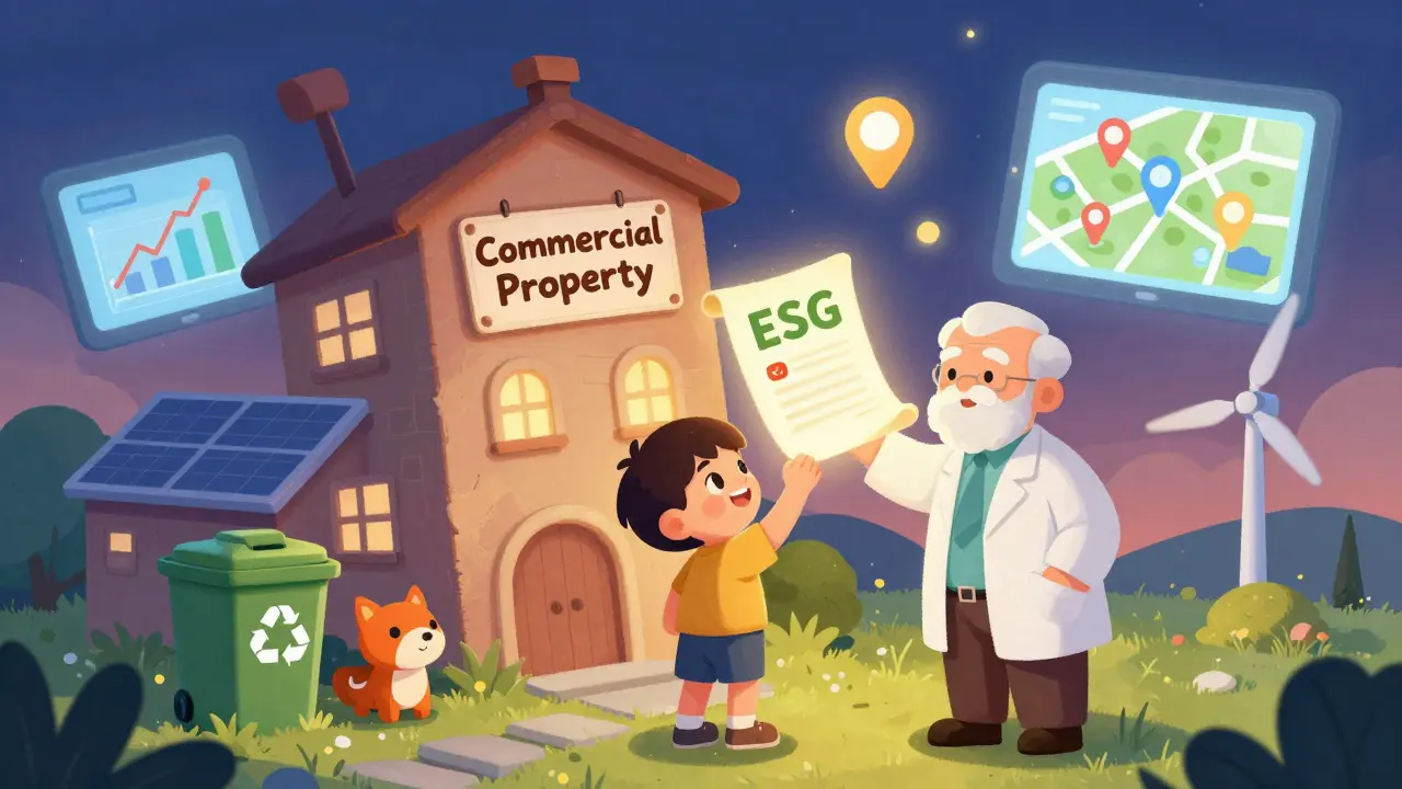 Ребёнок и эксперт смотрят на светящийся отчёт оценки, вокруг — солнечные панели, утилизация и цифровые графики на фоне заката.