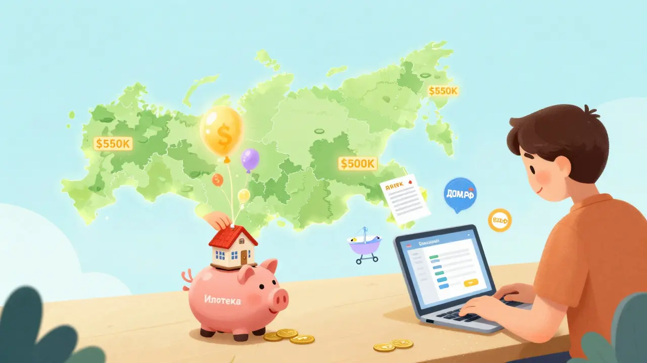 Ребёнок кладёт игрушечный дом в копилку, а над Россией поднимаются бонусы за многодетность.