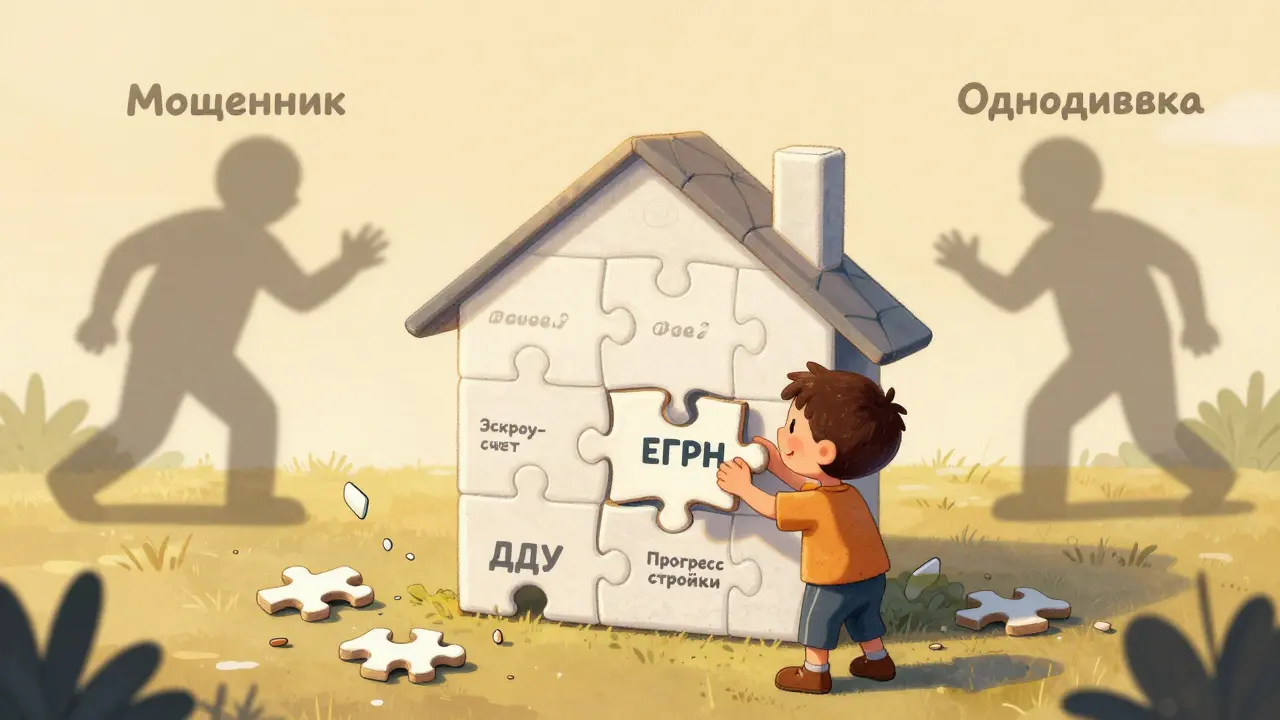 Ребёнок собирает пазл дома из документов, тени мошенников убегают с обломками, всё в мягком свете и ярких цветах.