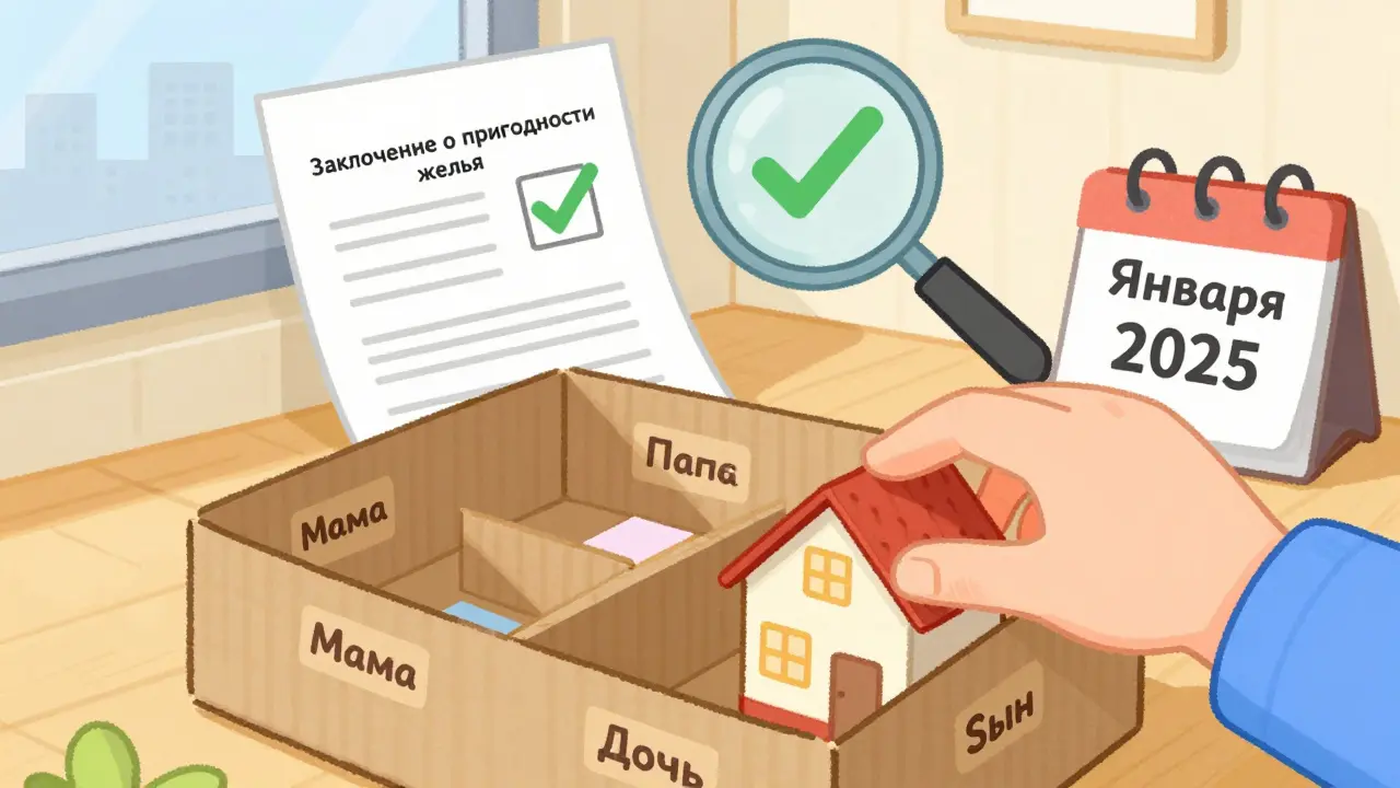 Ребёнок ставит игрушечный дом в модель квартиры с равными долями для всех членов семьи.