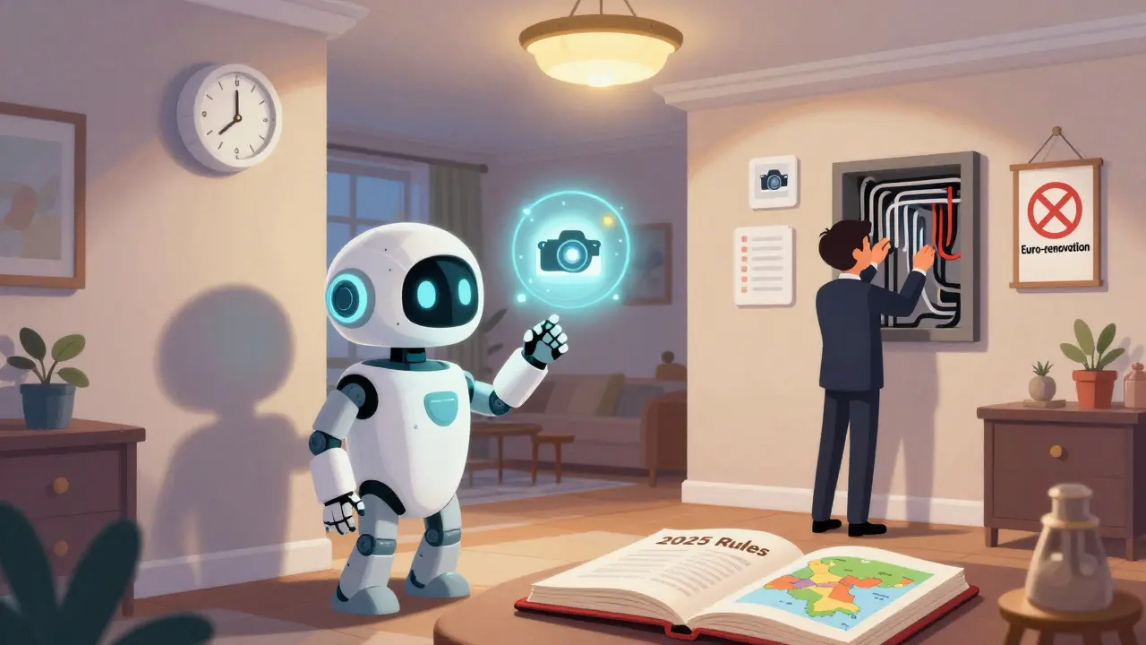 Робот-анализатор и оценщик проверяют качество ремонта, вокруг — значки фото, проверок и запрета на фальшивый ремонт.