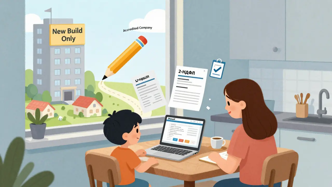 Родители с ребенком за столом с ноутбуком, на экране — сайт Дом.РФ, за окном — новостройка