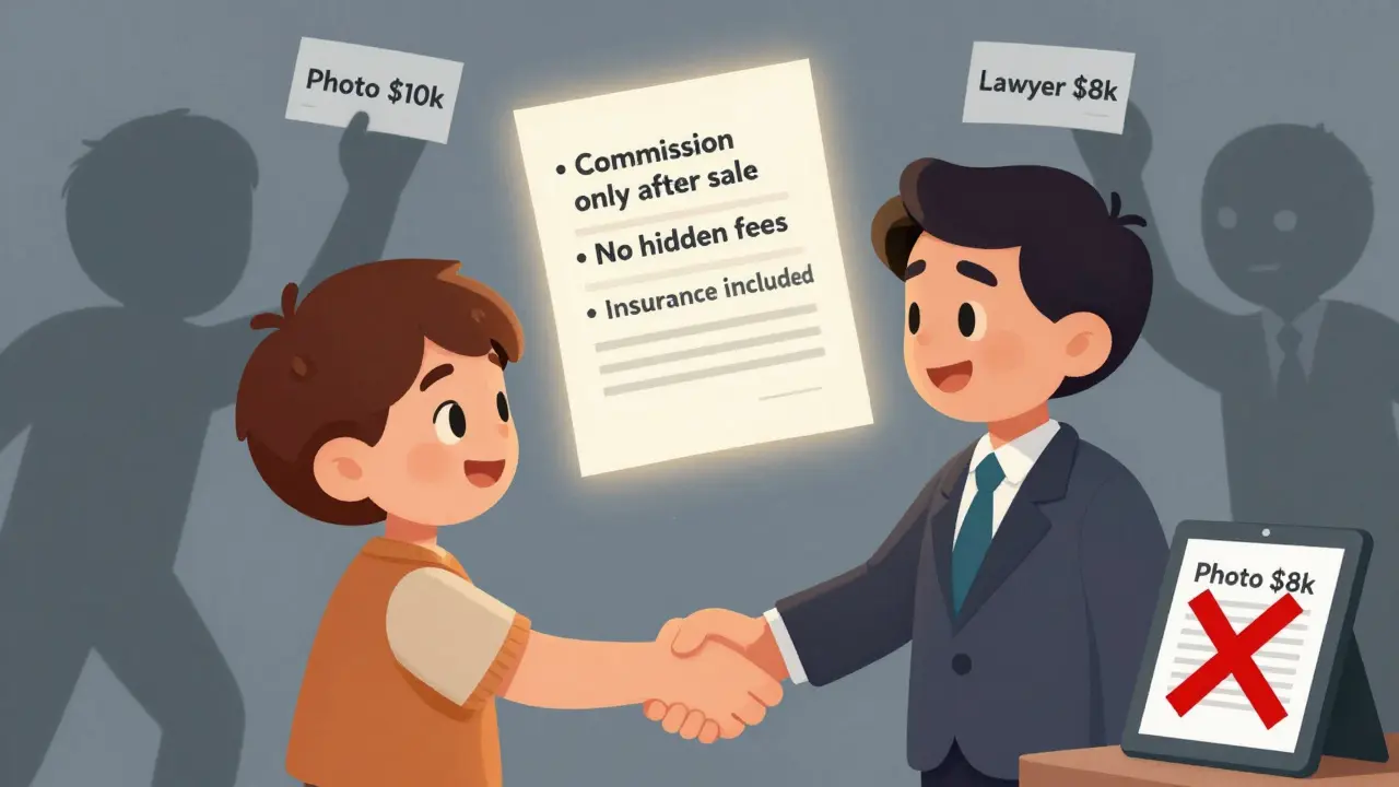 Руки пожимаются над договором с честными условиями, а скрытые платежи отмечены красным крестом.