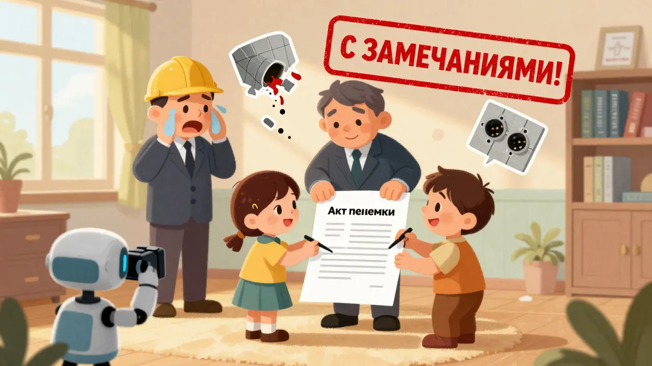 Семья подписывает акт приемки с пометкой &#039;с замечаниями&#039;, строитель нервничает, вокруг — дефекты.