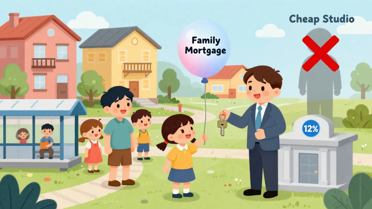 Семья получает ключ от квартиры с льготной ипотекой под 12%, вокруг — метро, школа и парк.