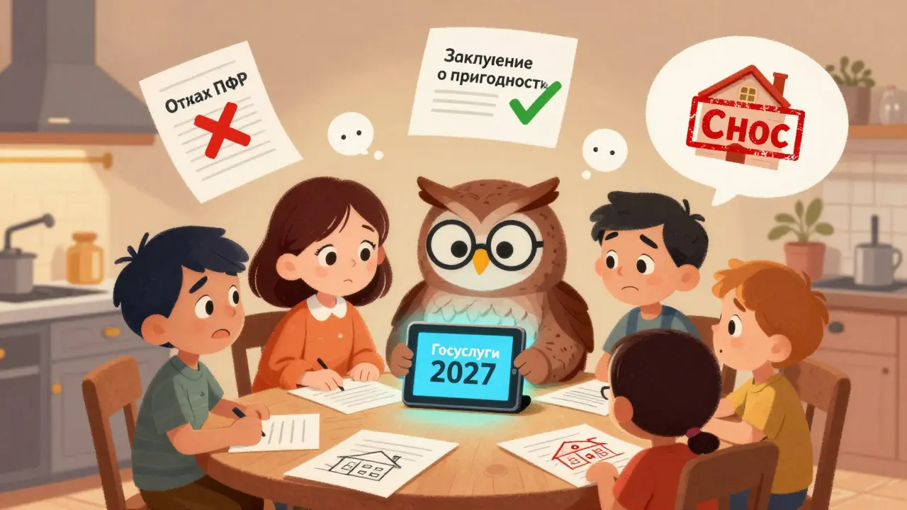 Семья разбирает документы об отказе и пригодности жилья, рядом мудрая сова указывает на цифровой экран.