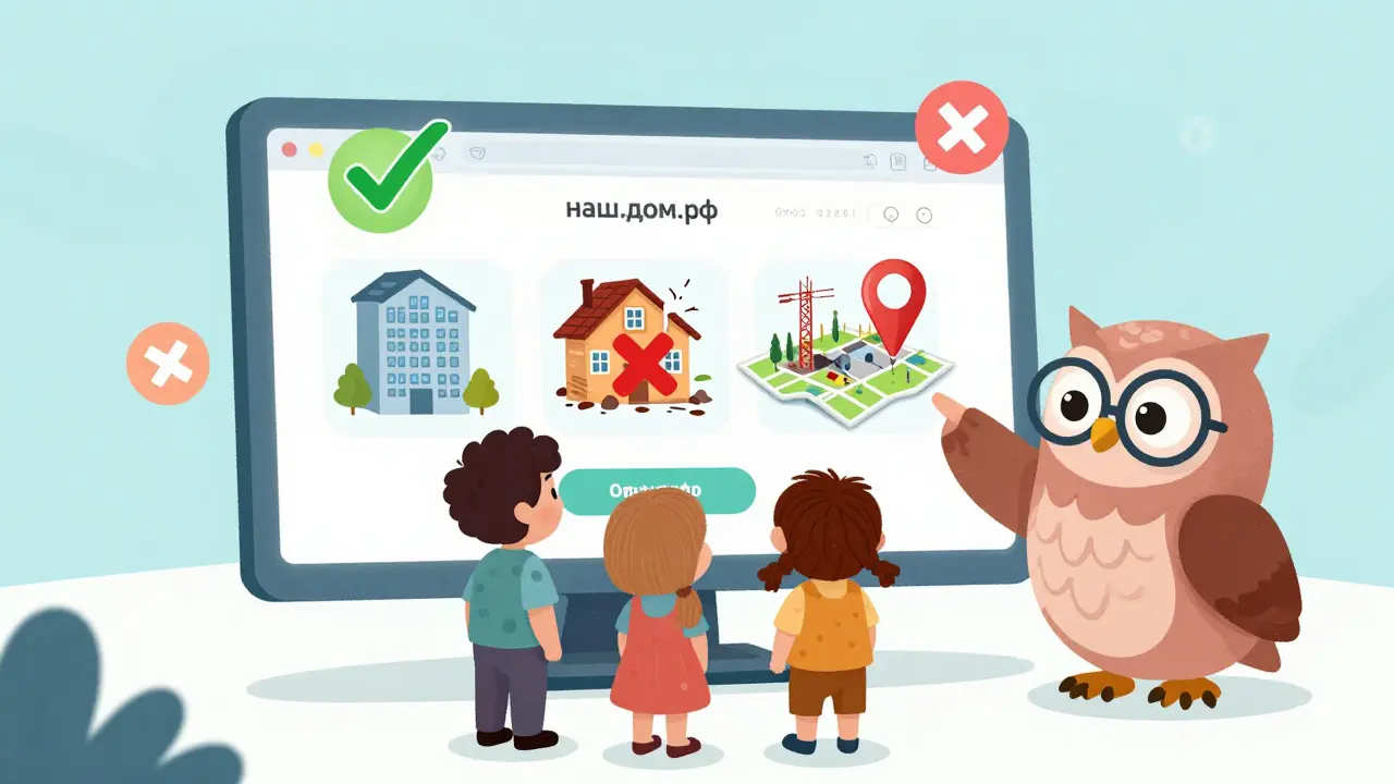 Семья смотрит на экран с сайтом 'наш.дом.рф', вокруг — плавающие значки проверки, мудрая сова указывает на правильные данные.