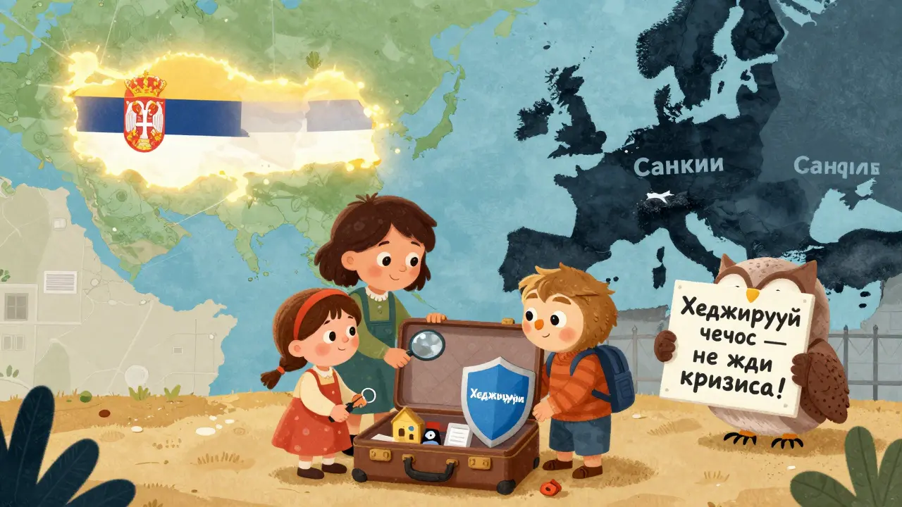 Семья упаковывает чемодан с ключом, лупой и щитом хеджирования, за ними — светящиеся страны Турция, ОАЭ, Сербия.