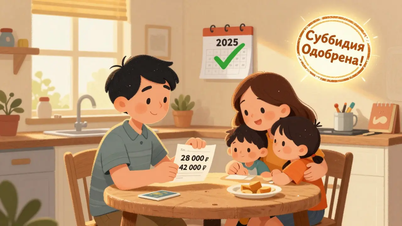 Семья за кухонным столом радуется снижению платежа по ипотеке с 42 000 до 28 000 рублей.