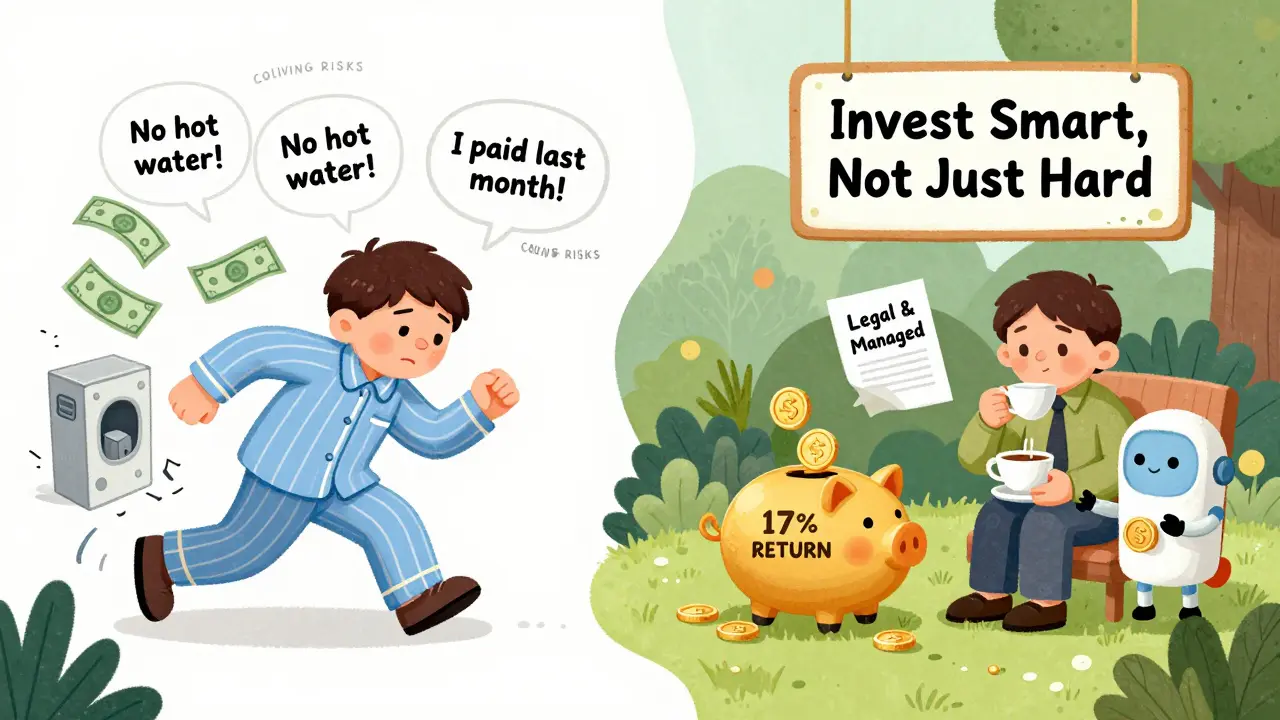 Слева — инвестор в пижаме бежит от проблем, справа — спокойно пьёт чай и получает доход.