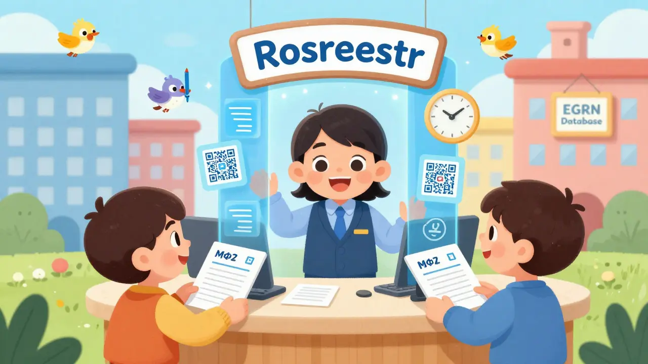 Сотрудник МФЦ помогает клиентам отправить документы через волшебный портал в Росреестр.