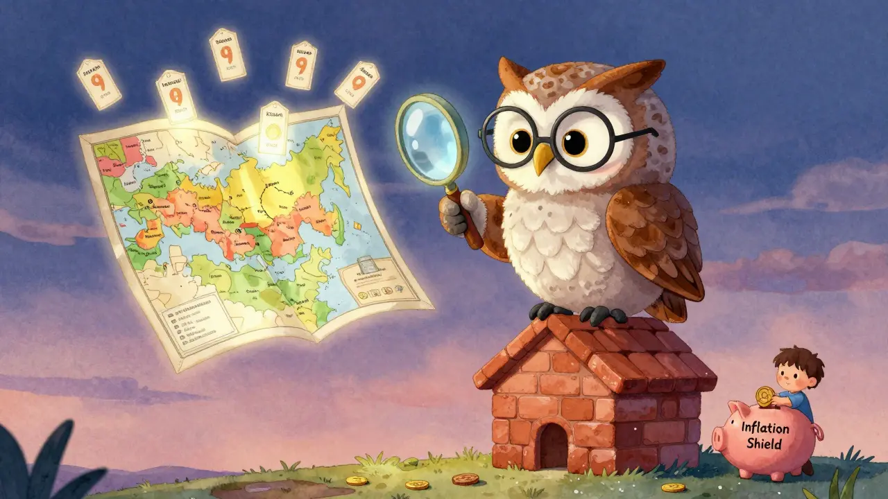 Сова с лупой смотрит на карту России, где растут цены на недвижимость.