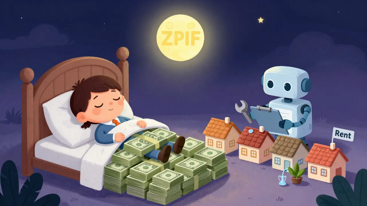 Спящий инвестор, а робот ухаживает за домами, над ними светит символ ЗПИФ.