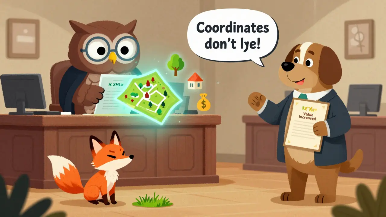 Судебное заседание в сказочном стиле: сова-судья показывает цифровую карту земли, а лиса пытается претендовать на чужой участок.