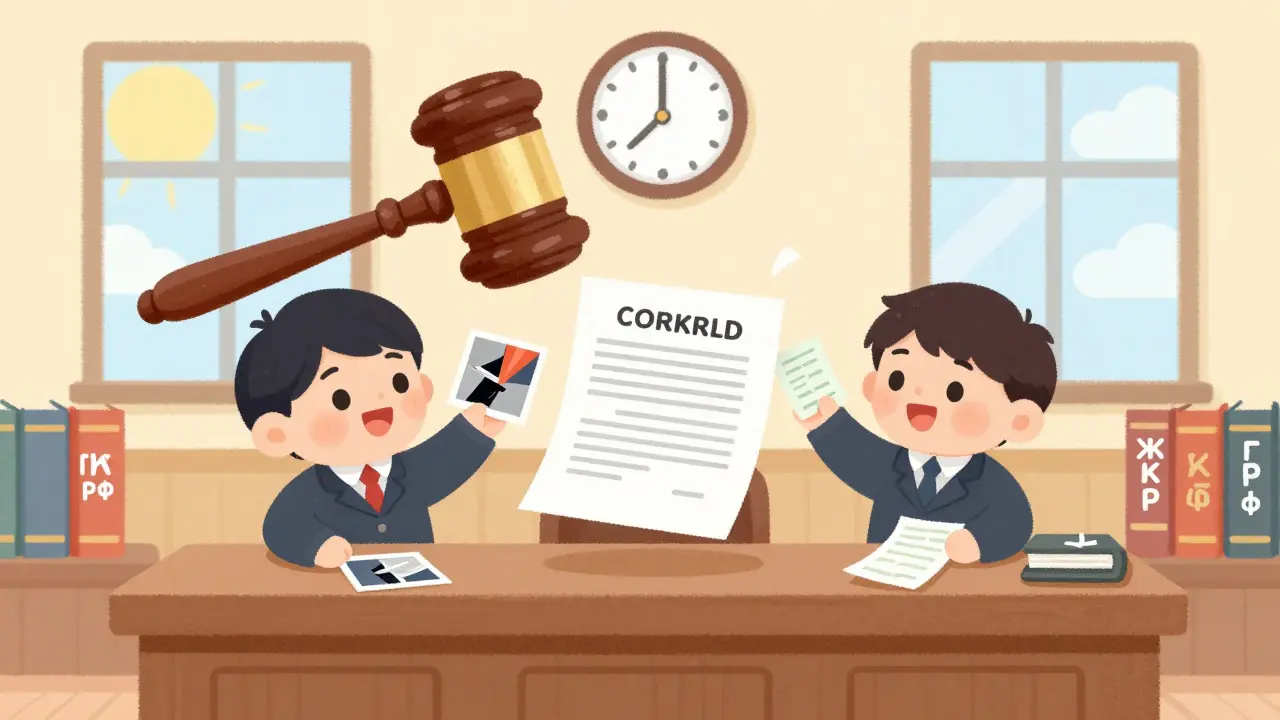 Судебный процесс: договор между двумя персонажами, над ними висит громадные часы, показывающие 30 дней, вокруг — книги закона.