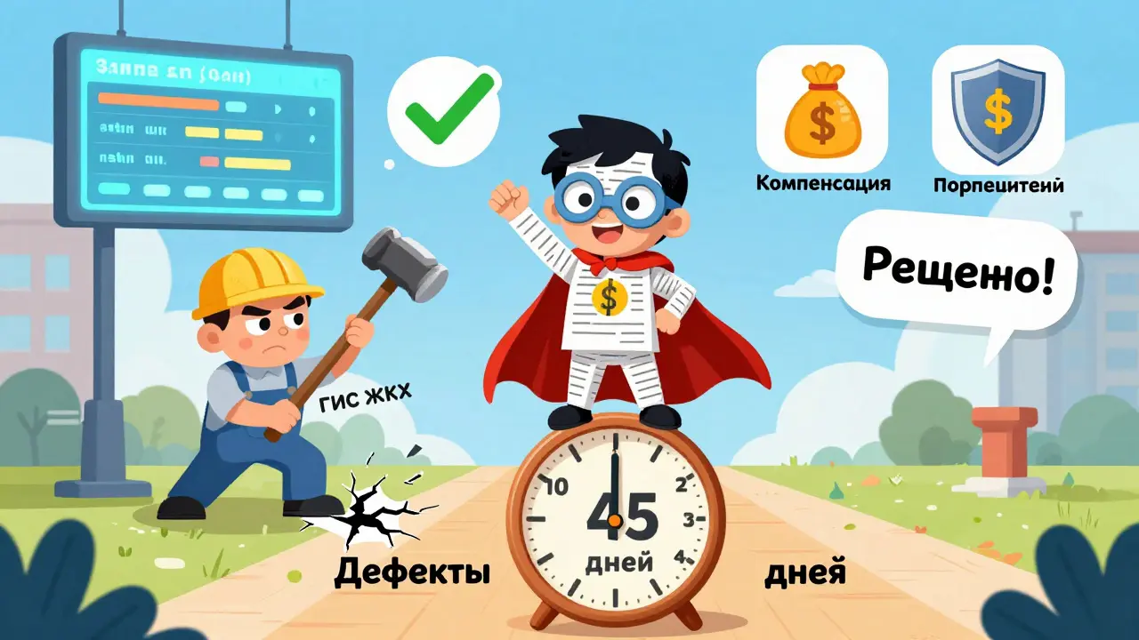 Супергерой ребёнок заставляет строителя чинить дефекты под контролем цифровой системы ГИС ЖКХ.